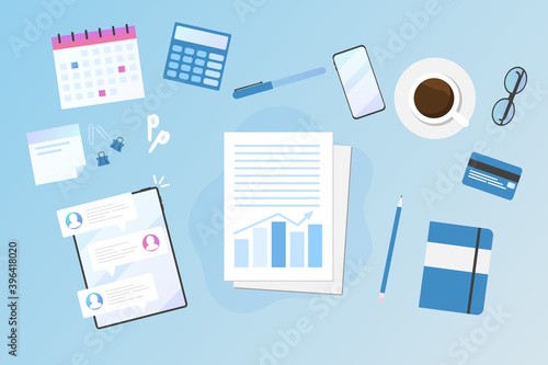 Workplace desktop background. Top view on desk with office objects - paper, notebook, laptop, mobile, calendar, pen, glasses and cup of coffee. Concept of working, education, organization, business