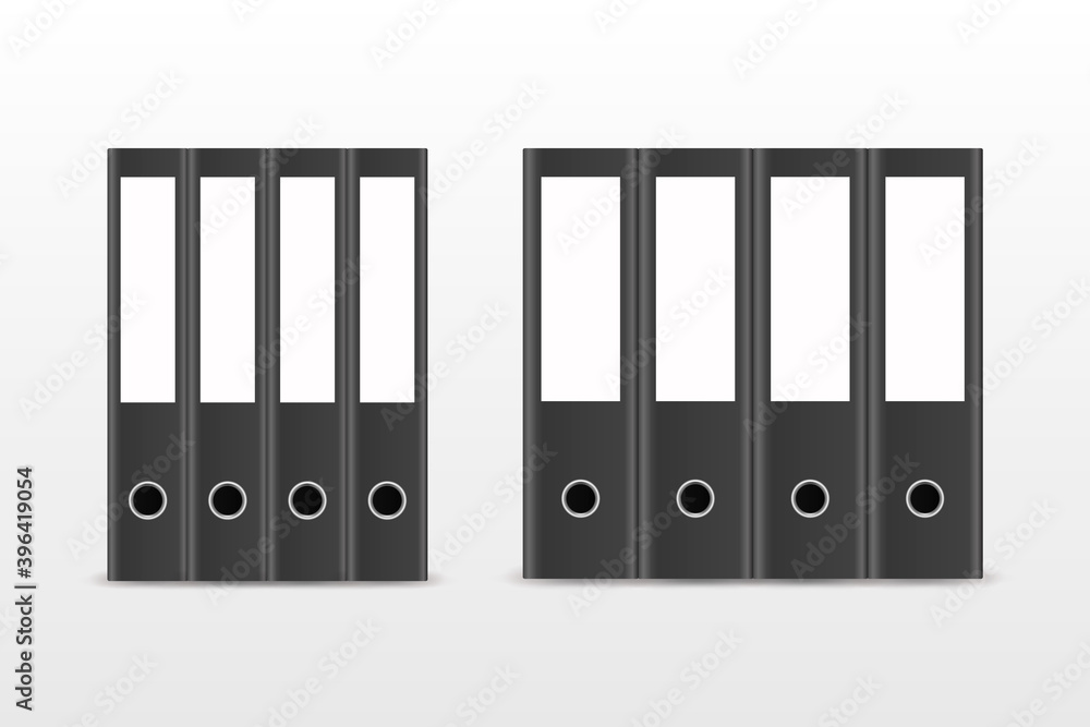 Vector 3d Closed Realistic Black Blank Office Binder Stack with Metal Rings for A4 Paper Set Closeup Isolated on White Background. 4, 5, 7, 8, 10cm. Design Template, Mockup, Front, Side View Vector 3d Closed Realistic Black Blank Office Binder Stack with Metal Rings for A4 Paper Set Closeup Isolated on White Background. 4, 5, 7, 8, 10cm. Design Template, Mockup, Front, Side View