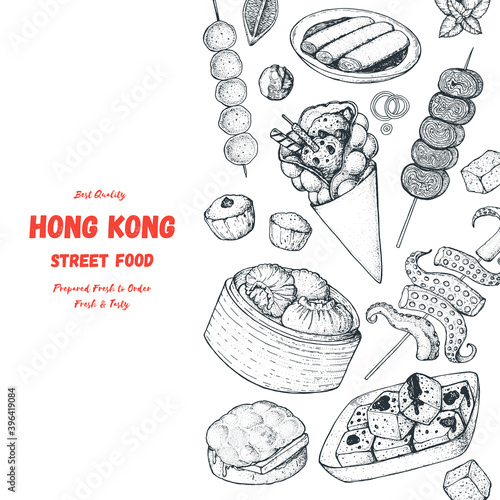 Hong kong street food. Chinese food menu design template. Vintage hand drawn sketch, vector illustration. Engraved style illustration. Asian street food sketch.