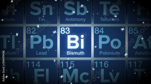Close up of the Bismuth symbol in the periodic table, tech space environment.