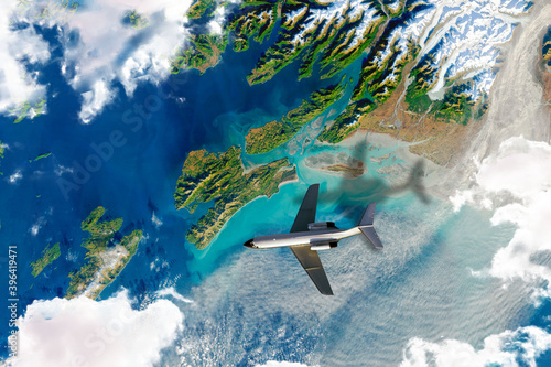 Fototapeta Naklejka Na Ścianę i Meble -  top view of earth surface from space, satellite photo with flying airplane. elements of this image furnished by nasa