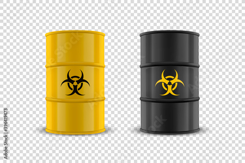 Vector 3d Realistic Illustration. Yellow and Black Simple Glossy Enamel Metal Oil, Fuel, Gasoline Barrel Set with Biohazard Sign Isolated. Design Template of Packaging for Mockup. Front View
