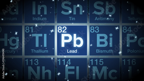 Close up of the Lead symbol in the periodic table, tech space environment.