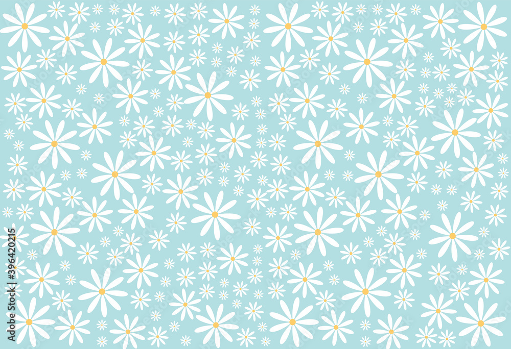 Seamless pattern with camomile flower on blue background, flat design, cute round flower plant nature collection, decoration element, isolated, vector illustration