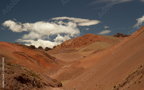 High in the Andes cordillera. View of the arid desert, sand, dunes, v shape valley, brown, red and orange mountains and rock formation in Laguna Brava, La Rioja, Argentina. 