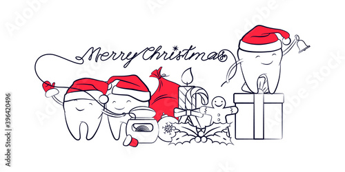 Horizontal Christmas banner with smiling teeth in a Santa Claus hat with a gift, mistletoe, and floss. Holiday symbols, dental new year card, design element for greetings or invitations.