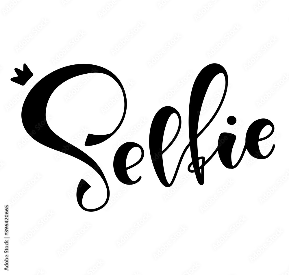 Selfie, black lettering with crown isolated on white background, vector illustration. Fun text for posters, photo overlays, greeting card, t-shirt print and social media. Selfie, black lettering with crown isolated on white background, vector illustration. Fun text for posters, photo overlays, greeting card, t-shirt print and social media.