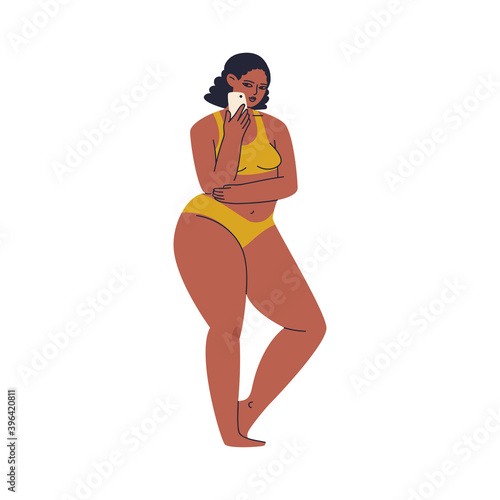 The woman takes a photo. Beautiful woman in a trendy yellow swimsuit with a phone in her hand. A young plump girl with short black curly hair. Vector illustration of isolated stock.