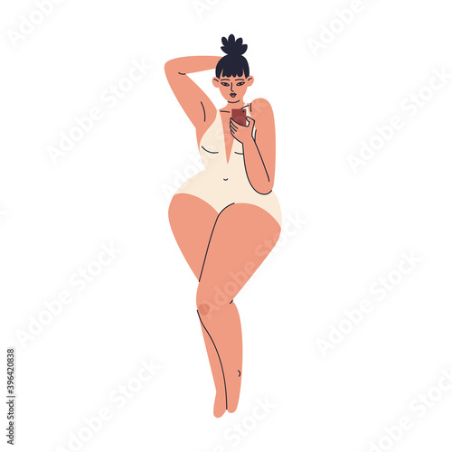 Hand-drawn flirty plus size girl in a swimsuit. A young woman with large hips takes pictures of herself on the phone. Vector stock illustration isolated.