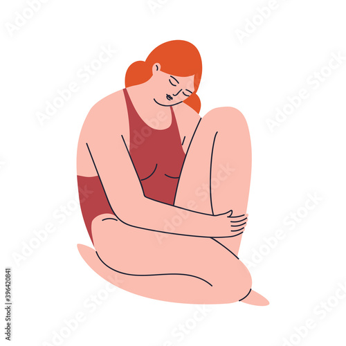 Red-haired young woman in a one-piece swimsuit. An adult girl sits with her knee pressed to her chest with her eyes closed. The modest beauty bowed her head. Vector stock illustration in cartoon style