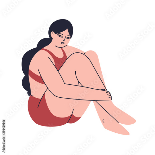 A young plus size woman with long wavy hair. A girl in trendy sports underwear with her hands presses her knees to her chest while sitting on the floor. The Vector stock illustration isolated.