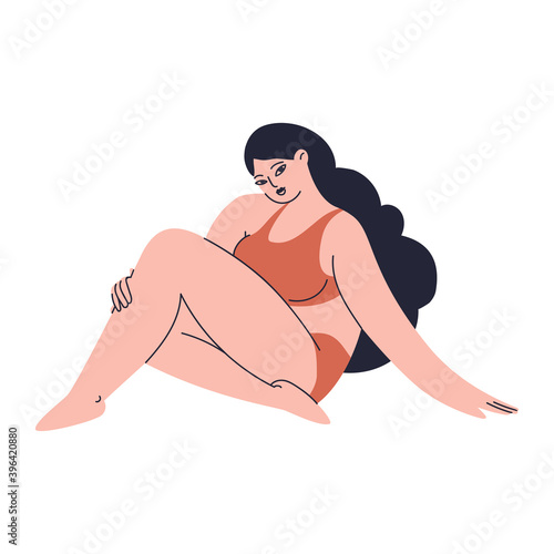 Cartoon young woman sitting cross-legged in underwear. A cute girl with fluffy wavy hair poses flirty in a trendy swimsuit. The Vector stock illustration isolated.