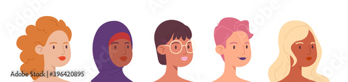 Multicultural women. A horizontal banner with various female faces in a row up to the shoulders. Isolated set of cartoon avatars with young girls of different cultures. Vector stock illustration.