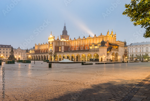 Main market square and Cloth Hall in the night (dawn), Krakow, Poland