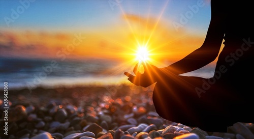 Photography Human silhouette meditating at sunset, yoga relax