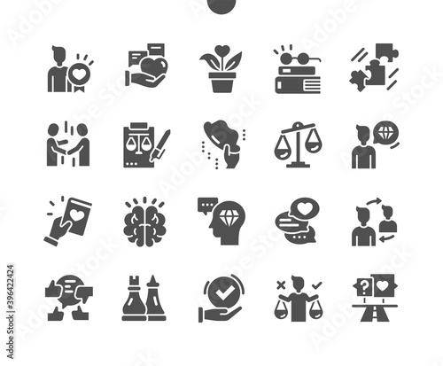 Ethics. Code of business ethics and values. Book about ethics. Balance. Transparency. Morality thinking. Approval, right choice and ways. Vector Solid Icons. Simple Pictogram