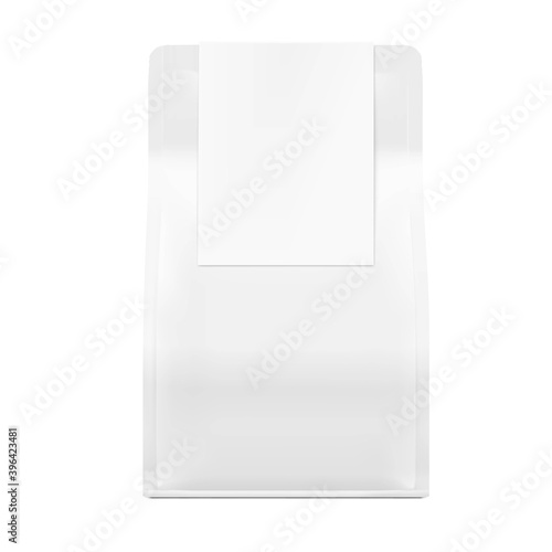 Quad seal bag with label mockup. Front view with. Vector illustration. Best solution for presentation your brand, design, promo and etc. EPS10.	