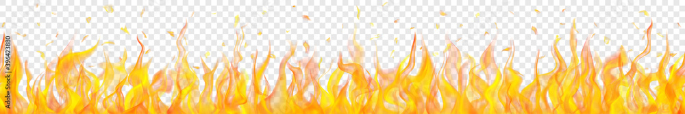 Baner of translucent fire flames and sparks with horizontal repetition on transparent background. For used on light illustrations. Transparency only in vector format