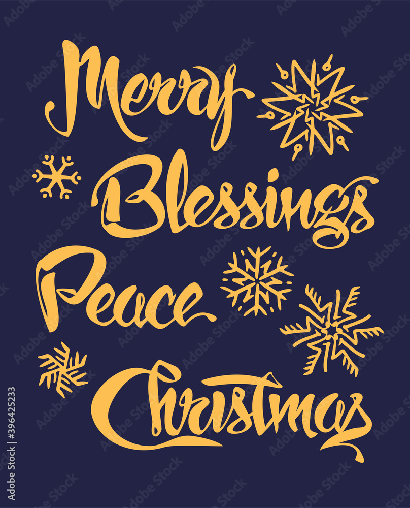 Hand-lettered Christmas Holiday Script—Merry, Blessings, Peace, Christmas—One of a Series