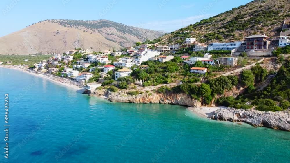 video from a height filming from a drone overlooking the coast of the Ionian sea beach nature on the island in Albania Qeparo