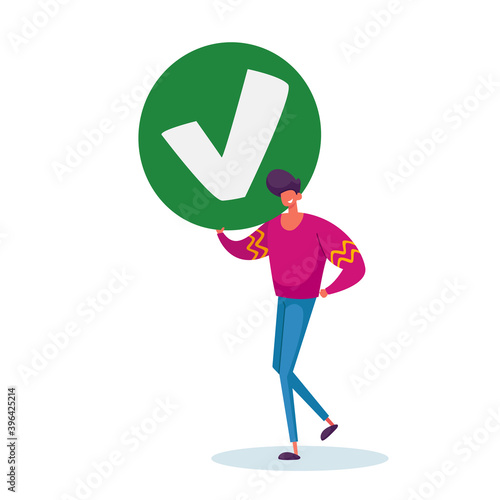 Businessman Hold Sign with Green Check Mark, Yes Symbol, Male Character Agree with Social Opinion, Acceptance, Voting