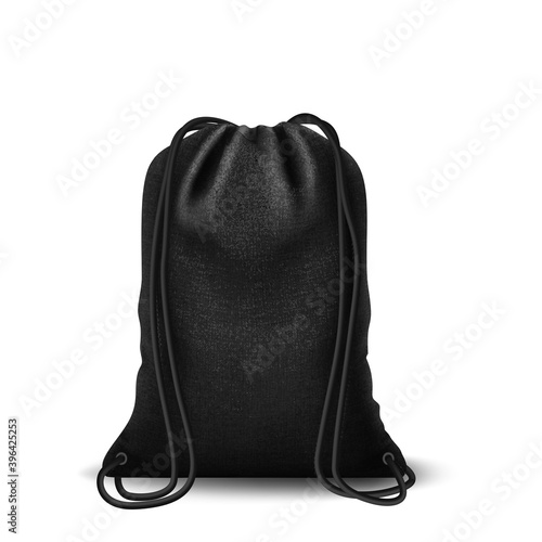 Black Mockup Backpack bag, drawstring isolated on white background. Blank template with bags, realistic vector mockup.