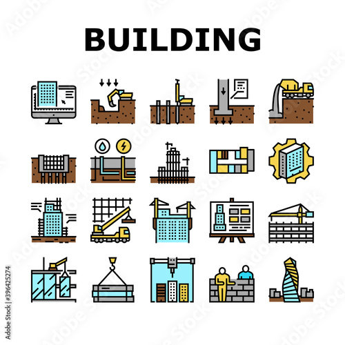 Building Construction Collection Icons Set Vector. Excavation And Footing Reinforcement, Columns Casting And Windows Installation, Building Process Concept Linear Pictograms. Contour Illustrations
