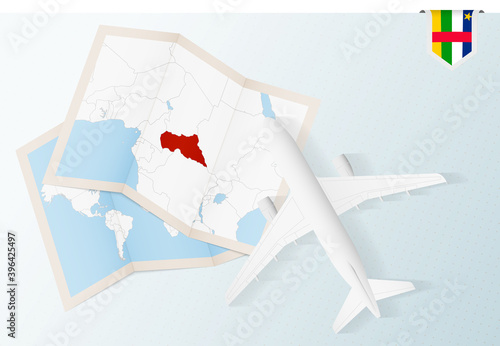 Travel to Central African Republic, top view airplane with map and flag of Central African Republic.