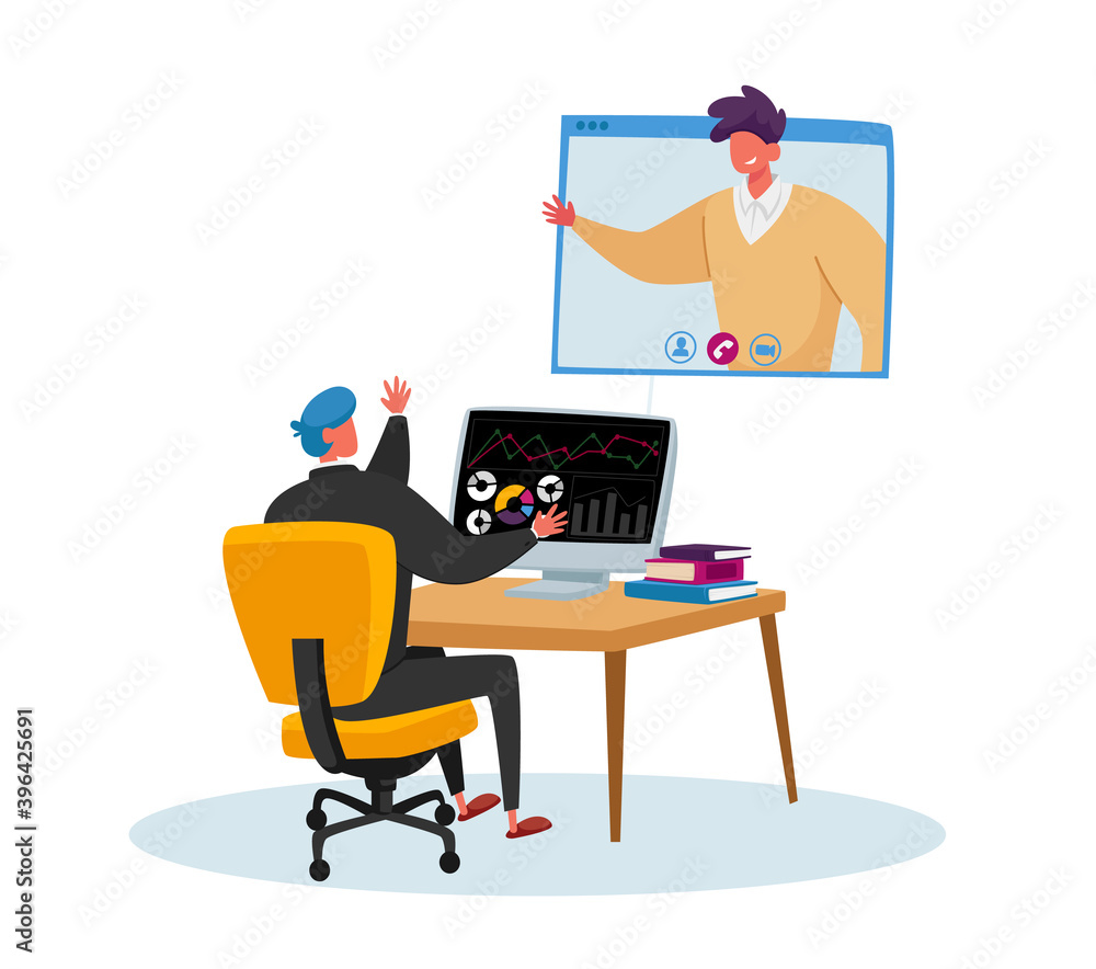 Office Worker Sit at Desk Chatting with Coworker via Webcam Conference on Computer Screen. Business Man Video Call Office Worker Sit at Desk Chatting with Coworker via Webcam Conference on Computer Screen. Business Man Video Call