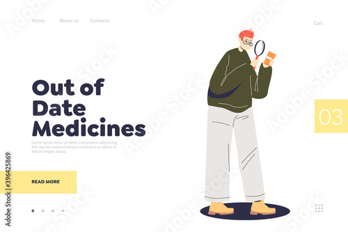 Out of date medicines landing page with man examining pills bottle with magnifying glass