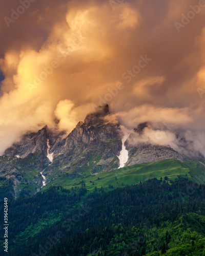 Majestic colorful sunset at the foot of Mt. Ushba. © Leonid Tit