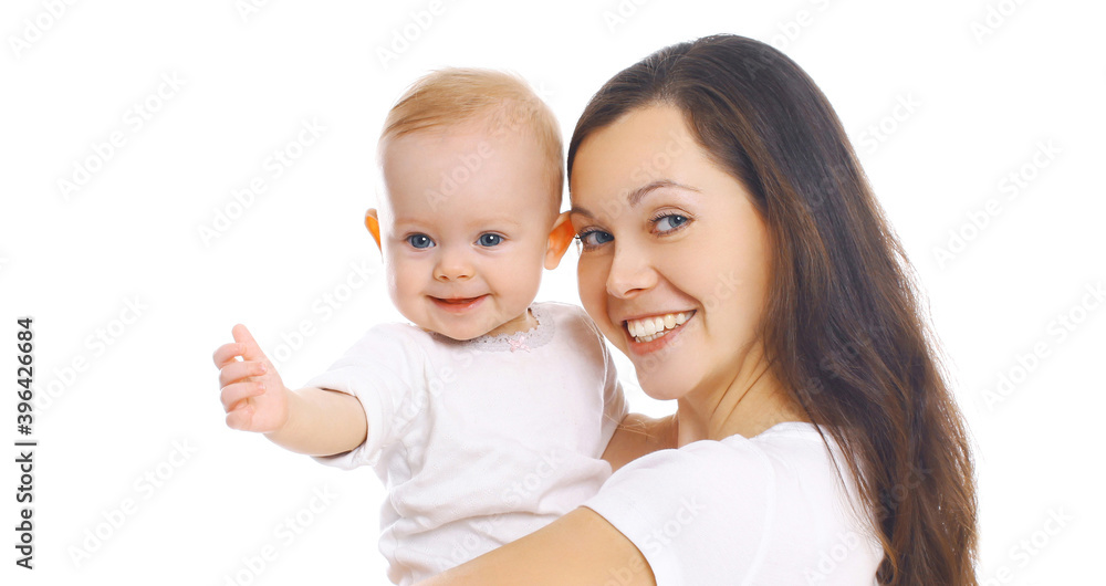 Portrait close up of happy smiling mother with baby over a white background Portrait close up of happy smiling mother with baby over a white background