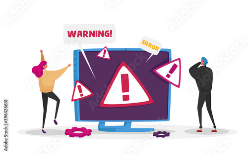404 Maintenance Error, Page Not Found, Site Under Construction Concept with Tiny Male and Female Characters at Huge Pc