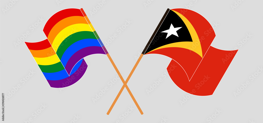 Crossed and waving flags of LGBTQ and East Timor Crossed and waving flags of LGBTQ and East Timor