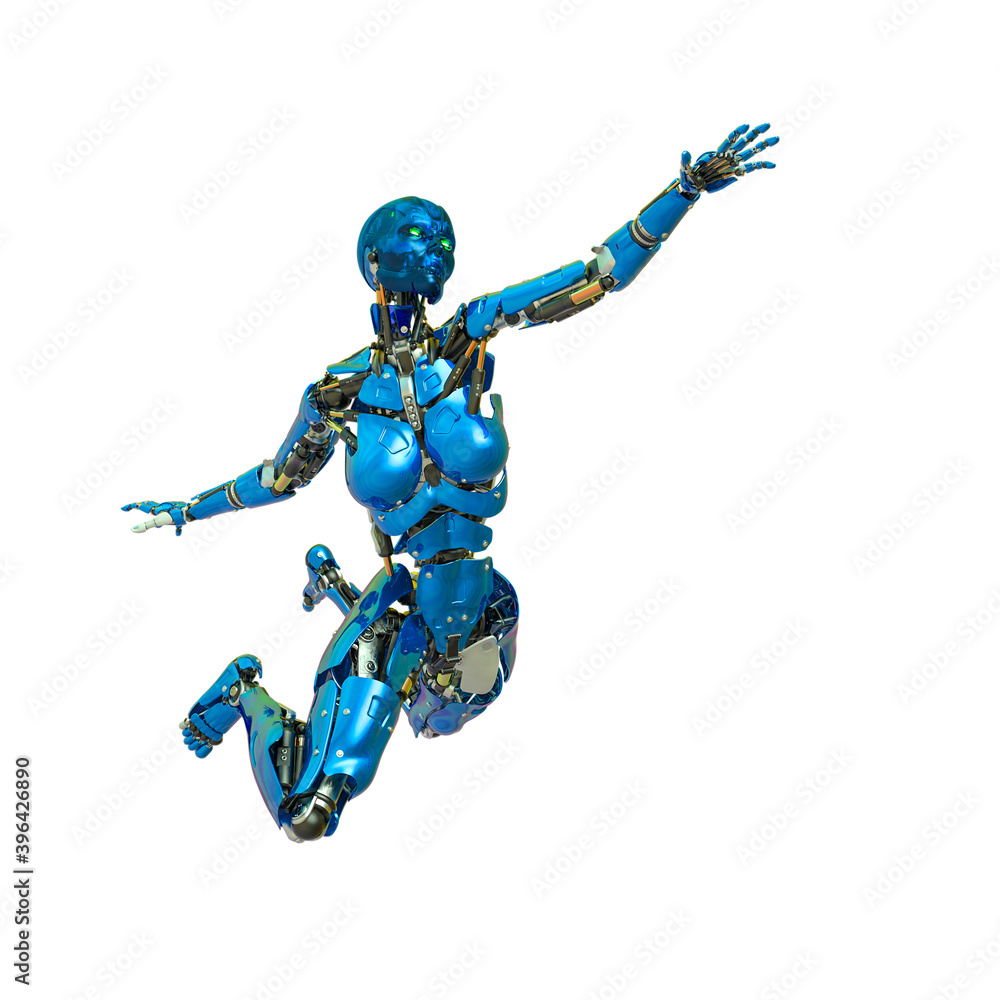 cyborg female comic explosion pose in a white background