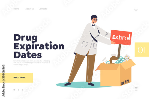Drug expiration dates landing page with medical doctor and box of expired medicines