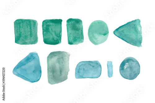 Blue and green watercolor stain set isolated on white background. Watercolour spot, blot, blur, slick, patch collection. Vector illustration