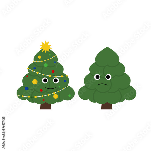 Christmas tree cartoon before and after decoration isolated on white background. Flat design. Vector illustration