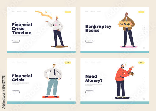 Set of landing pages with concept of bankruptcy, poverty and money loss
