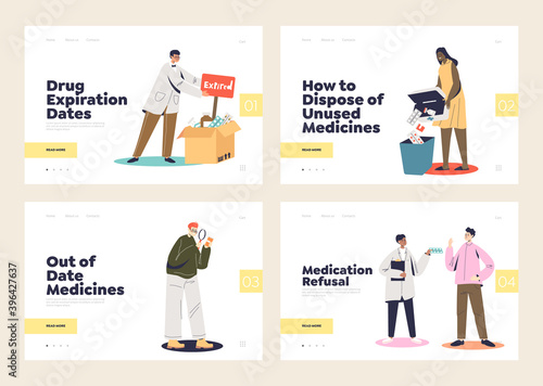 Expired medicines and medical treatment refusal concepts of set of landing pages templates