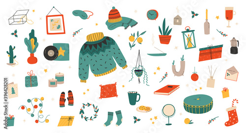 Hygge christmas. Winter holiday decor, gifts, clothing. Candle, socks and mittens, xmas home symbols, cartoon big vector set. Christmas hygge, doodle cozy things. Vector illustration in flat style