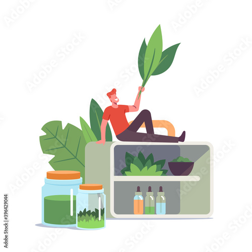 Alternative Traditional Medicine Concept. Tiny Male Character with Green Leaves Sit on Huge Shelf with Various Flasks photo