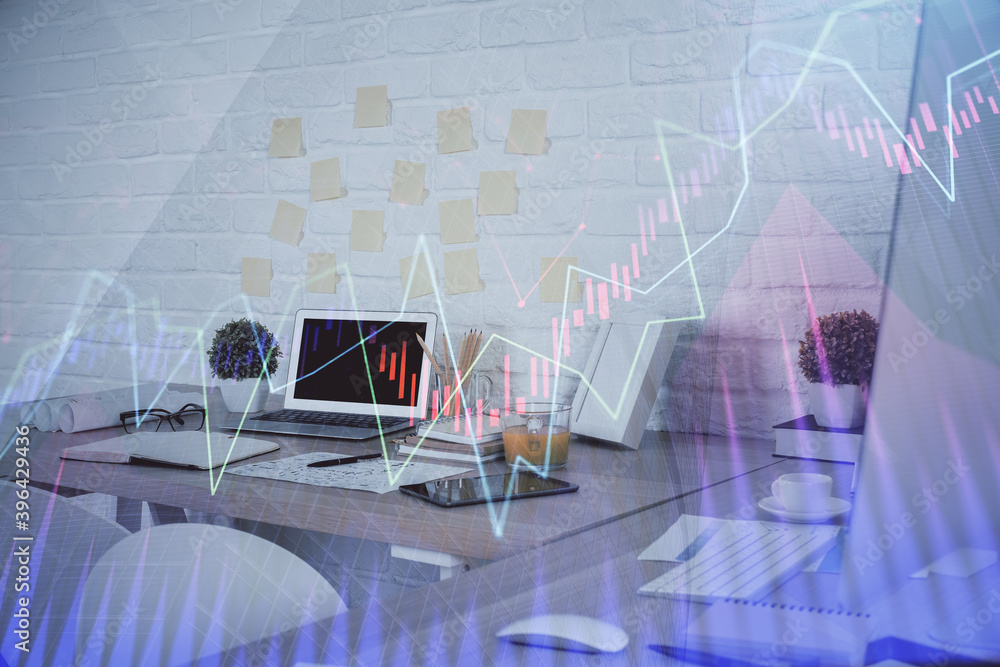 Multi exposure of stock market chart drawing and office interior background. Concept of financial analysis. Multi exposure of stock market chart drawing and office interior background. Concept of financial analysis.