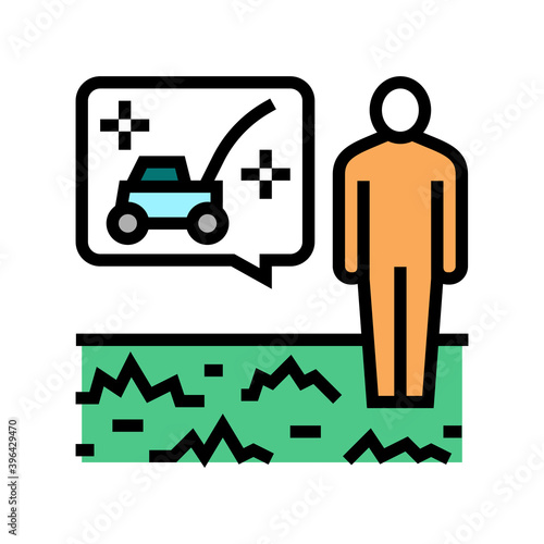 gardener dreaming for lawn mower color icon vector. gardener dreaming for lawn mower sign. isolated symbol illustration