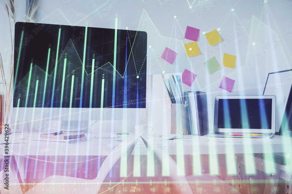 Double exposure of financial graph drawing and office interior background. Concept of stock market. Double exposure of financial graph drawing and office interior background. Concept of stock market.