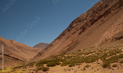 The arid desert high in the Andes mountains. View of the v shape valley, brown mountains and sand in La Rioja, Argentina. 