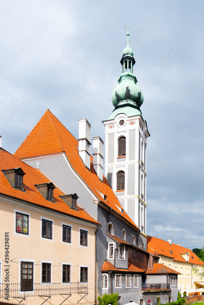 Church bell tower in Cesky Krumlov Church bell tower in Cesky Krumlov