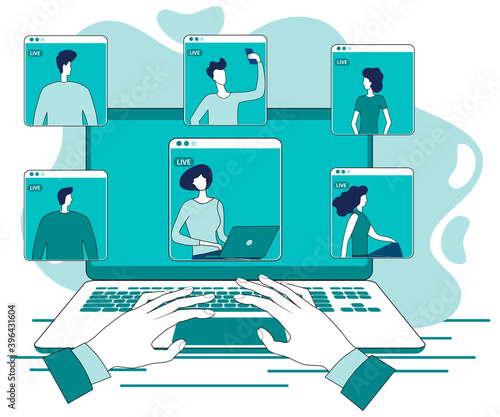 People communicate with each other online via video conference.Remote work, freelance,online study.The concept of working and studying from home using a laptop.Flat vector illustration.