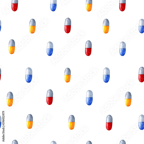 Watercolor seamless pattern with multicolored medicinal capsules on a white background.