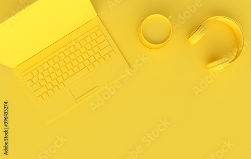 Laptop, phone, headphones, cup of coffee 3d rendering. Remote work, freelance, work space, lockdown, stay at home concept. Top view, yellow color